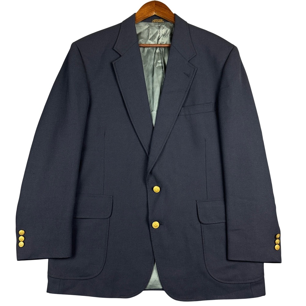 Stafford Mens Navy Blue Hopsack Blazer Gold Crest Buttons Worsted Wool Blend